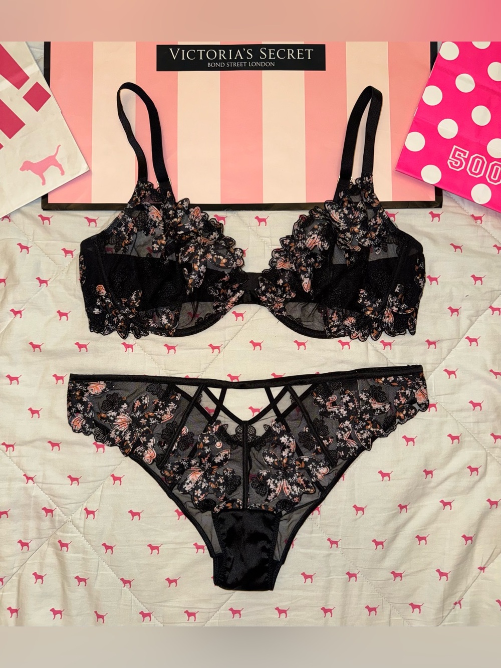 VICTORIA’S SECRET VERY SEXY SET DEMI BRA & CHEEKY PANTY BUTTERFLY FLORAL LACE XL